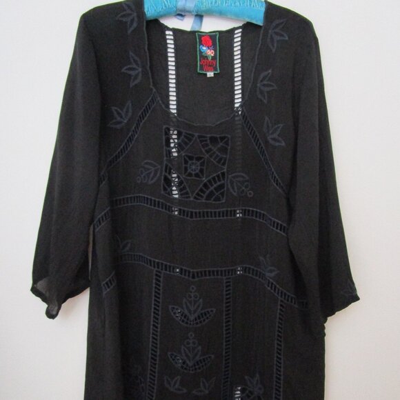 Eyelet Embroidery Shift Dress Arts Craft Black Rayon - Picture 3 of 10